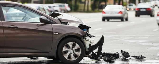Car accident on wet road during rain