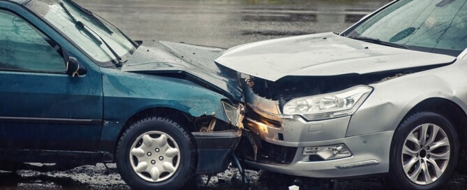 Car accident on wet road during rain