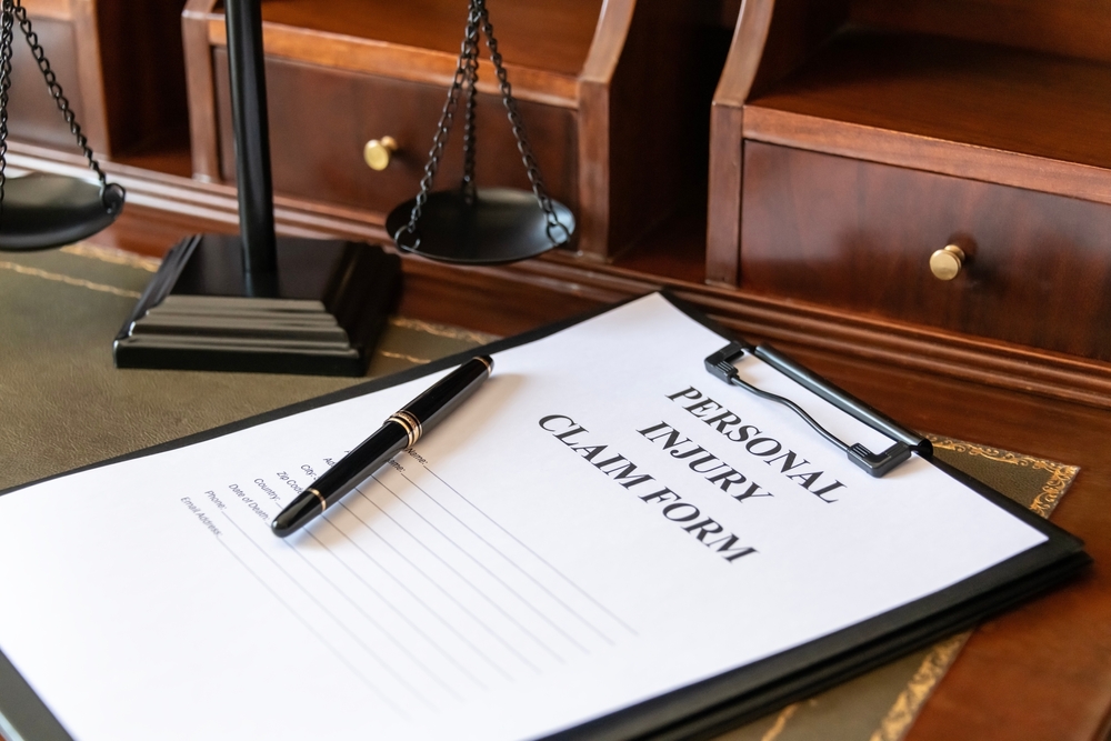 Personal injury claim form on a desk beside legal scales in a law office in Compton, California