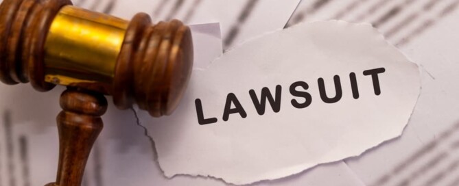 Wooden gavel and torn paper with "Lawsuit" text.